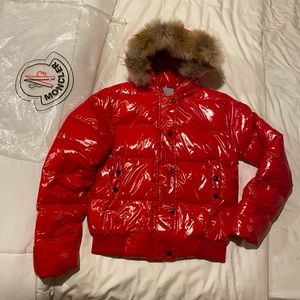 Moncler Red Jacket with Fur Hood, Size 4, NWOT, authenticity tags